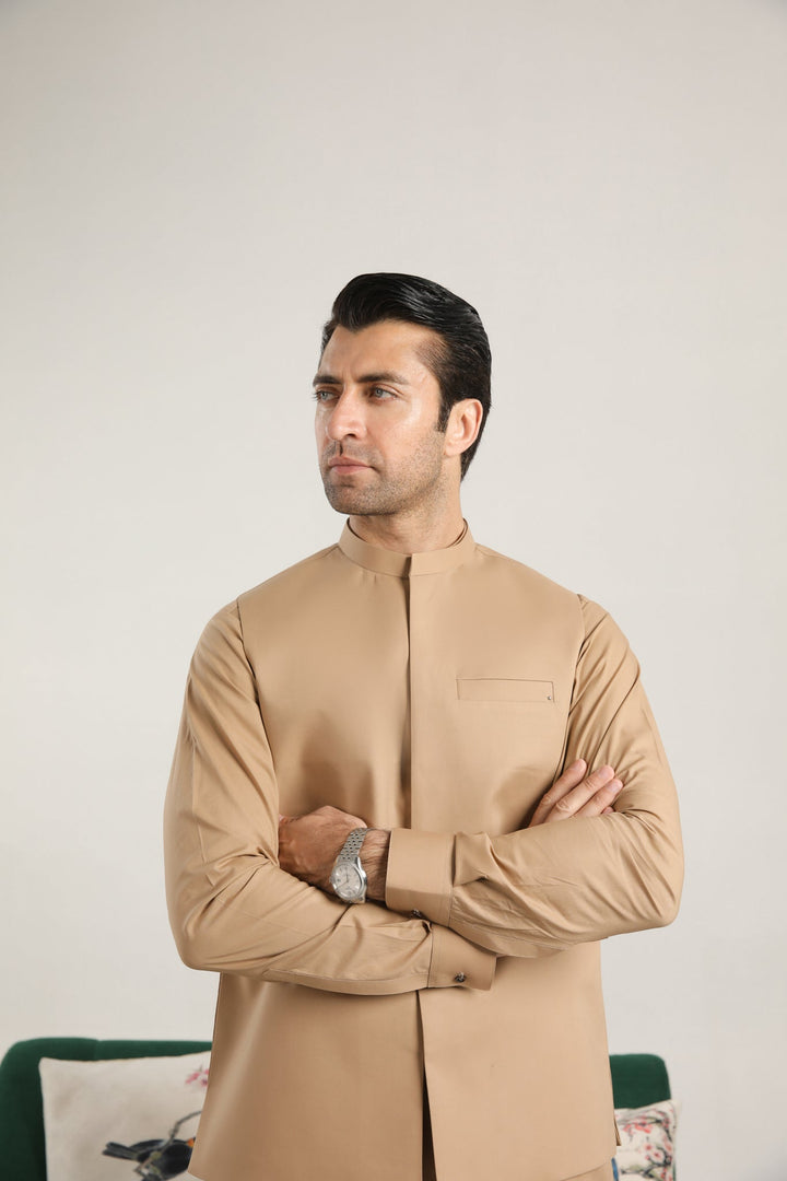 Muraqsh Ready To Wear Solids  Men Camel Cotton Soft Kurta Trouser with Waistcoat MUR-CCKT - Summer Collection