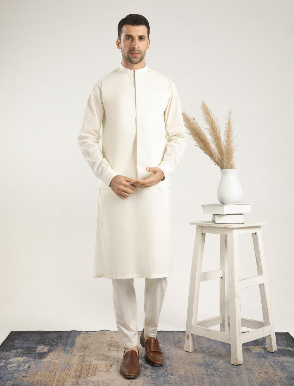 Muraqsh Ready To Wear Solids  Men Bosky White Soft Cotton Kurta Trouser with Waistcoat MUR-BWCKT - Summer Collection