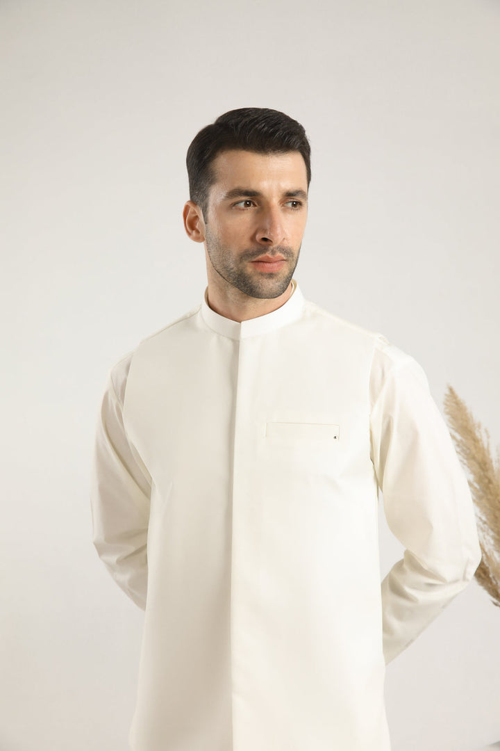 Muraqsh Ready To Wear Solids  Men Bosky White Soft Cotton Kurta Trouser with Waistcoat MUR-BWCKT - Summer Collection