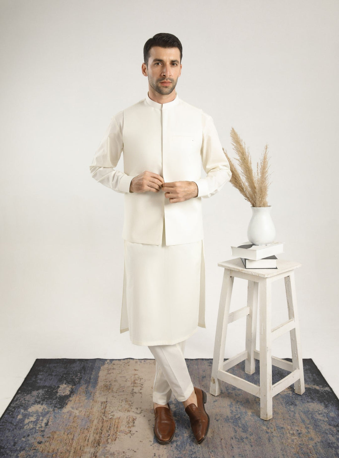 Muraqsh Ready To Wear Solids  Men Bosky White Soft Cotton Kurta Trouser with Waistcoat MUR-BWCKT - Summer Collection