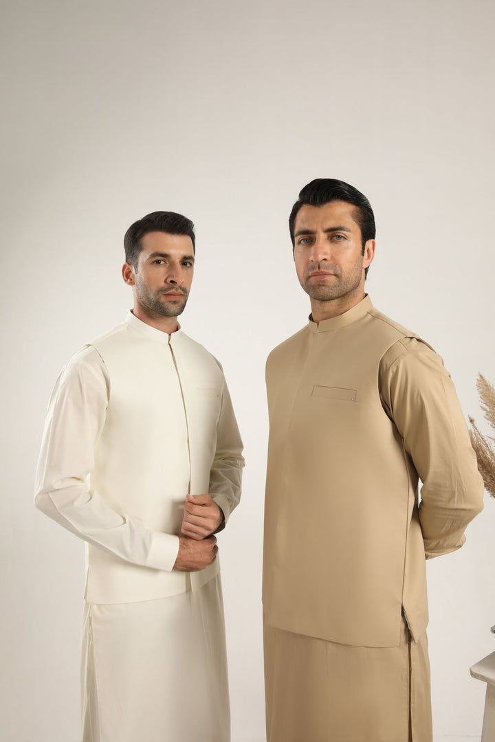 Muraqsh Ready To Wear Solids  Men Ivory Skin Soft Cotton Kurta Shalwar with Waistcoat MUR-ISCKS - Summer Collection
