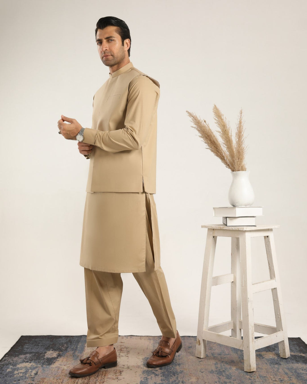 Muraqsh Ready To Wear Solids  Men Ivory Skin Soft Cotton Kurta Shalwar with Waistcoat MUR-ISCKS - Summer Collection