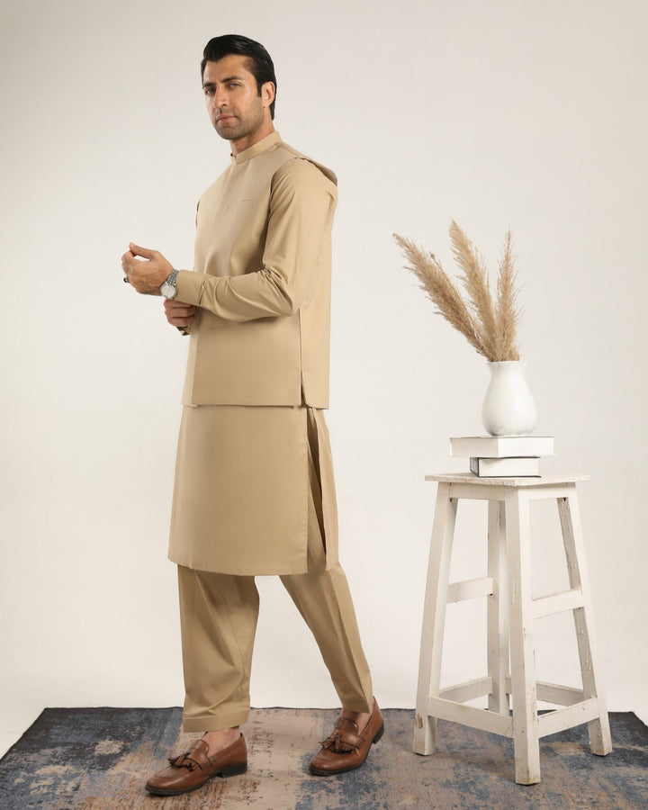 Muraqsh Ready To Wear Solids  Men Ivory Skin Soft Cotton Kurta Shalwar with Waistcoat MUR-ISCKS - Summer Collection