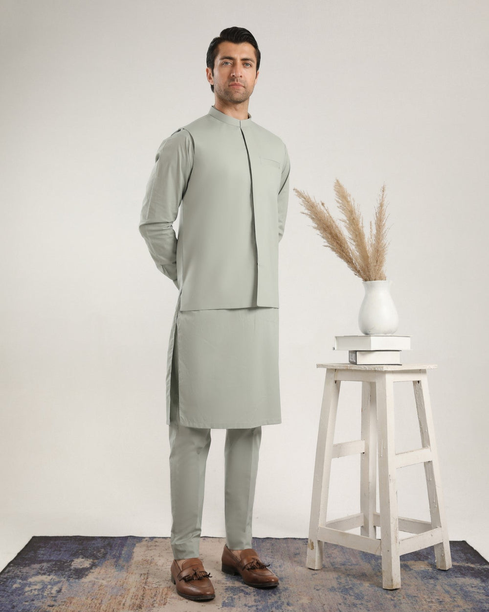 Muraqsh Ready To Wear Solids  Men Light Mint Soft Cotton Kurta Trouser with Waistcoat MURMCKT - Summer Collection