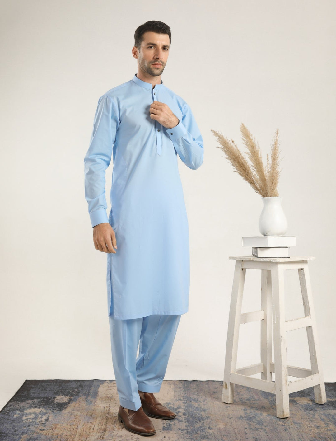 Muraqsh Ready To Wear Solids  Men Sky Blue Soft Cotton Kurta Shalwar MURBCKS - Summer Collection