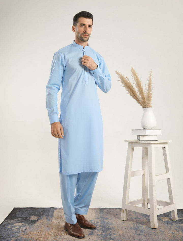 Muraqsh Ready To Wear Solids  Men Sky Blue Soft Cotton Kurta Shalwar MURBCKS - Summer Collection