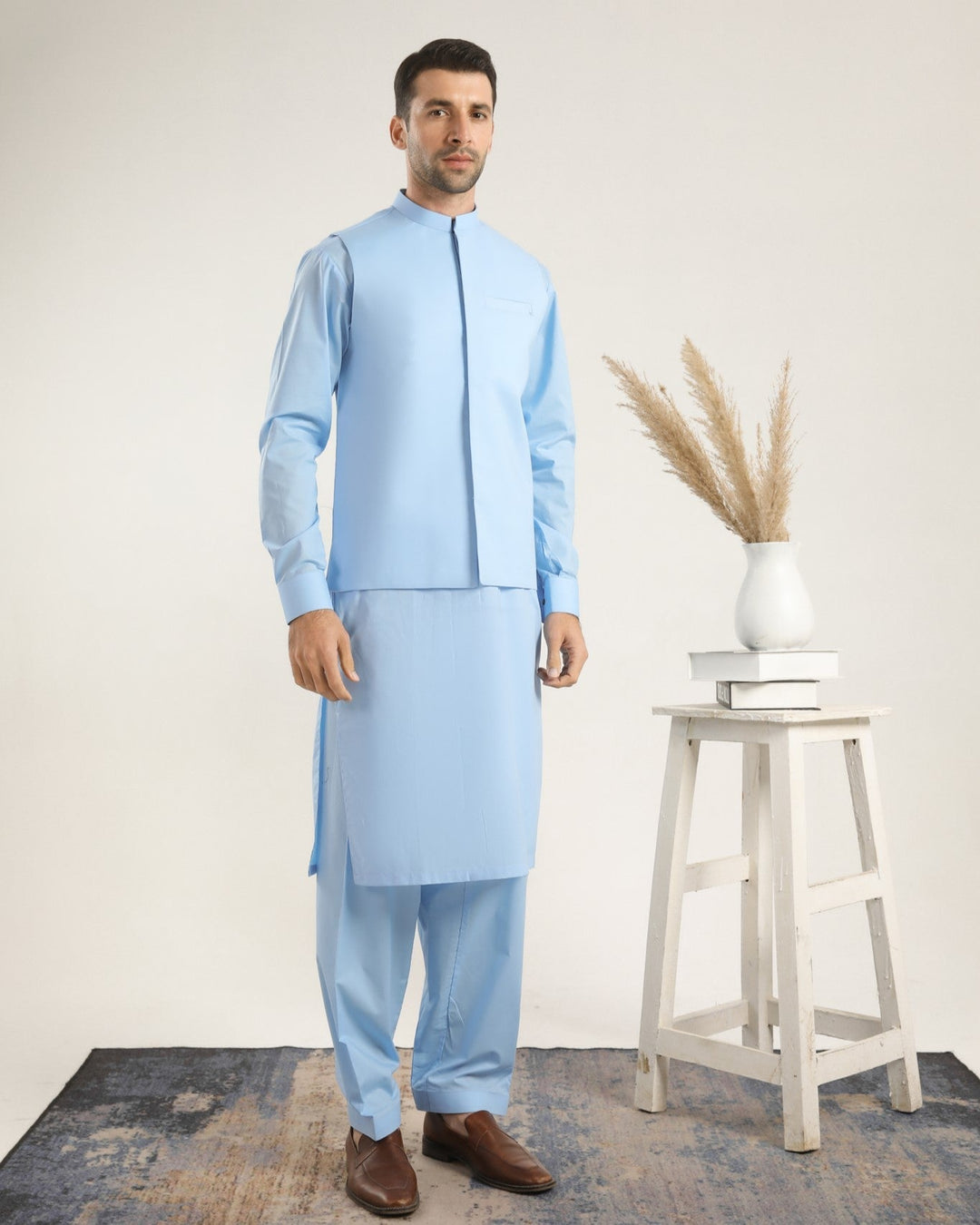 Muraqsh Ready To Wear Solids  Men Sky Blue Soft Cotton Kurta Shalwar with Waistcoat MURBCKS - Summer Collection