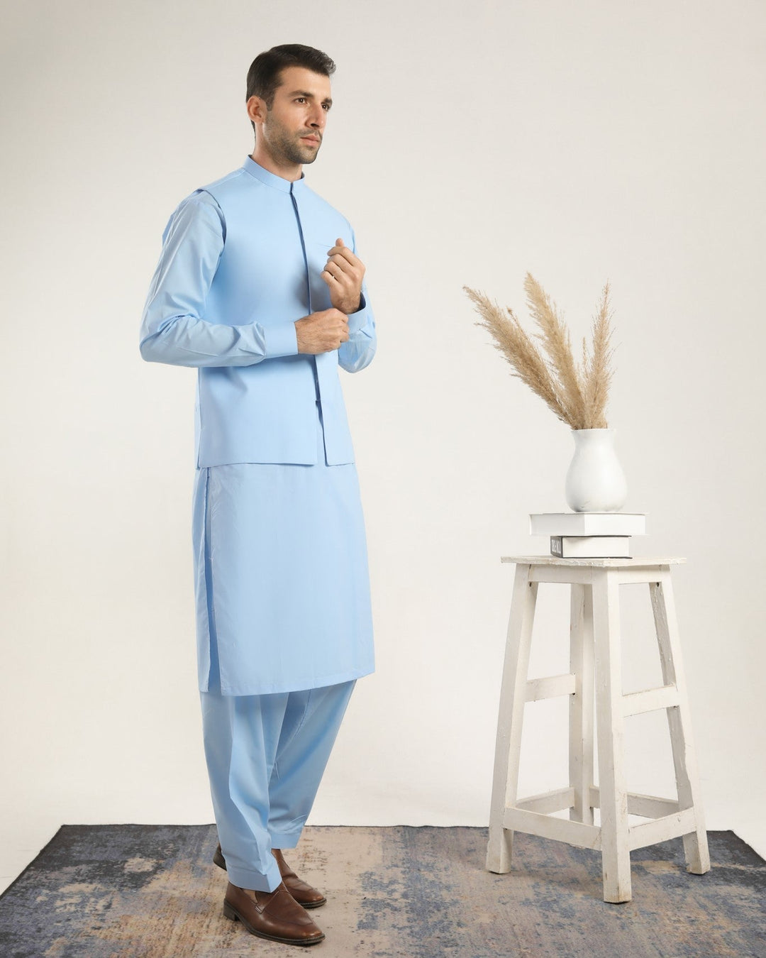 Muraqsh Ready To Wear Solids  Men Sky Blue Soft Cotton Kurta Shalwar with Waistcoat MURBCKS - Summer Collection
