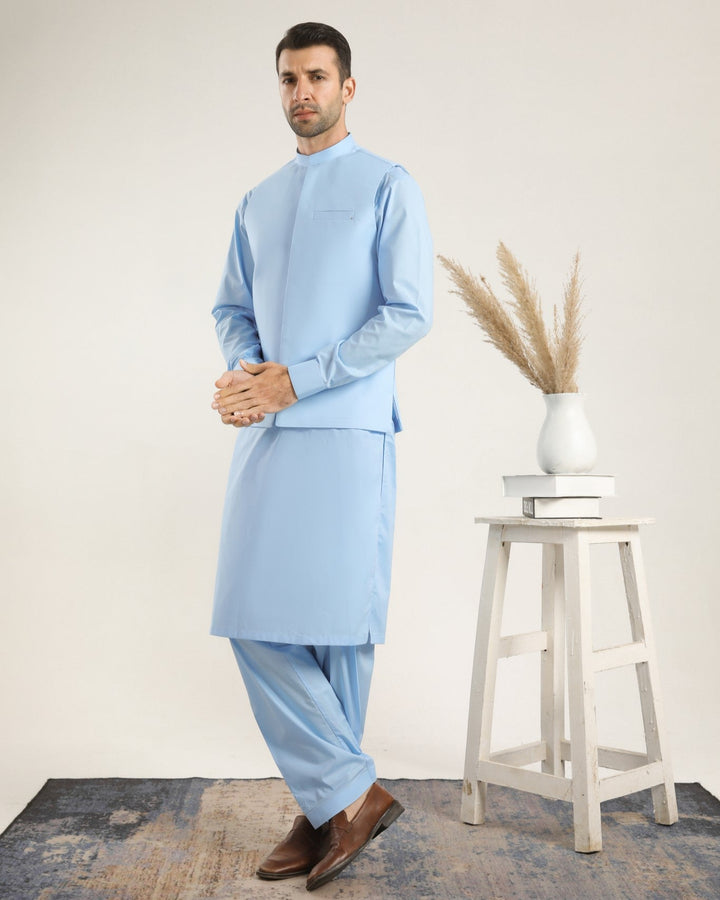 Muraqsh Ready To Wear Solids  Men Sky Blue Soft Cotton Kurta Shalwar with Waistcoat MURBCKS - Summer Collection