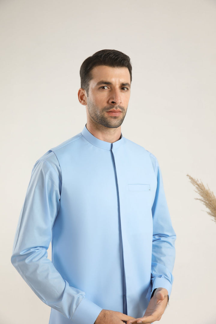 Muraqsh Ready To Wear Solids  Men Sky Blue Soft Cotton Kurta Shalwar with Waistcoat MURBCKS - Summer Collection