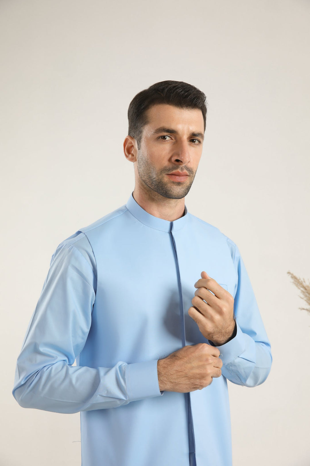 Muraqsh Ready To Wear Solids  Men Sky Blue Soft Cotton Kurta Shalwar with Waistcoat MURBCKS - Summer Collection