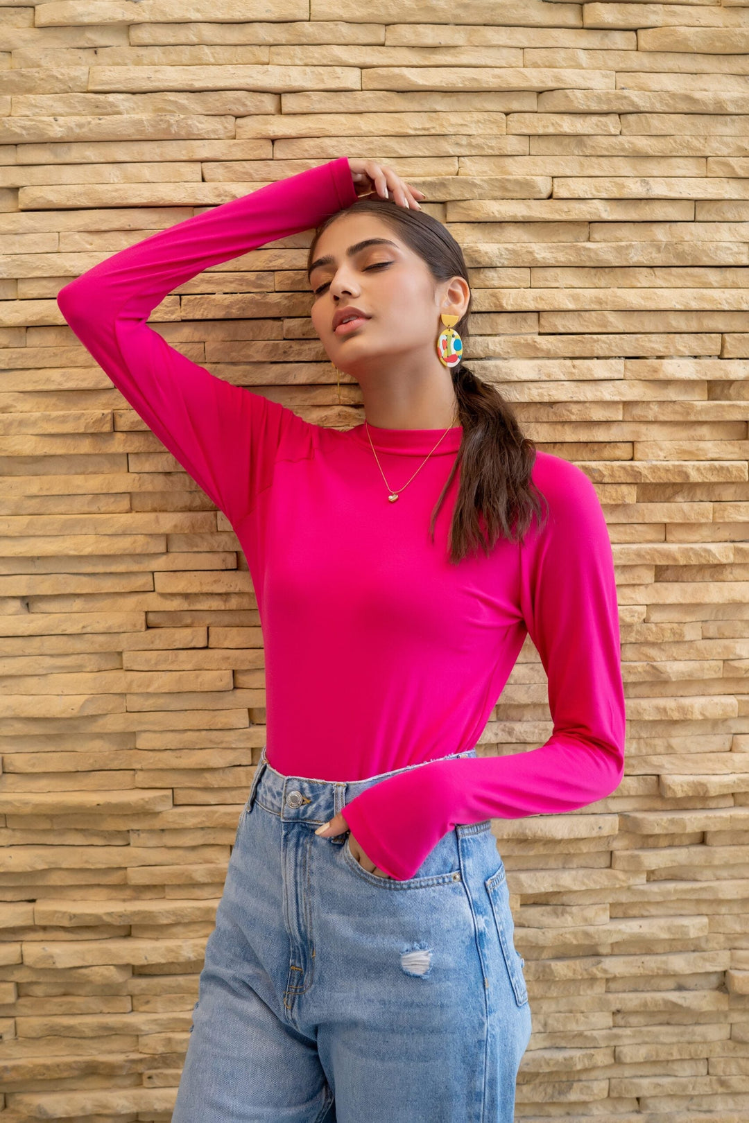 Dhaga Women Western Solids T- Shirt jersy Fushia High Neck Bodysuit DT10002 - Summer Collection