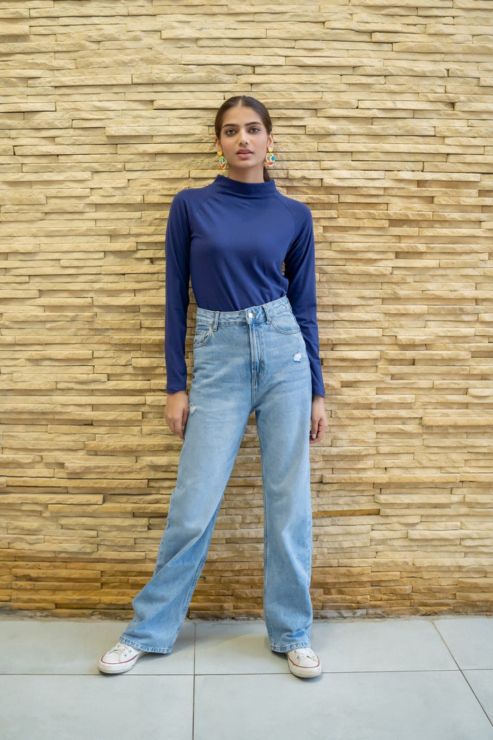 Dhaga Women Western Solids T- Shirt jersy Royal Blue High Neck DT10002 - Summer Collection