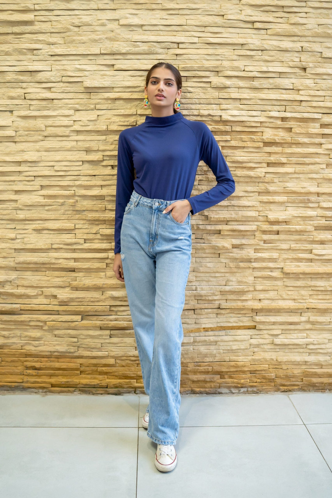 Dhaga Women Western Solids T- Shirt jersy Royal Blue High Neck DT10002 - Summer Collection