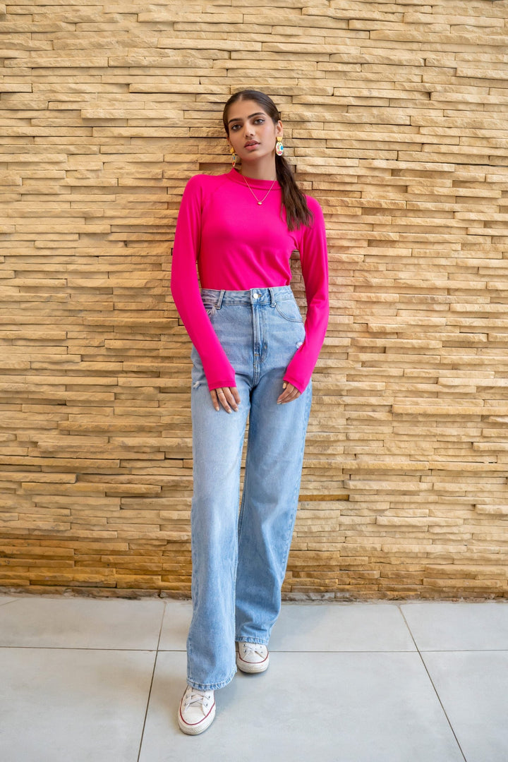 Dhaga Women Western Solids T- Shirt jersy Fushia High Neck Bodysuit DT10002 - Summer Collection