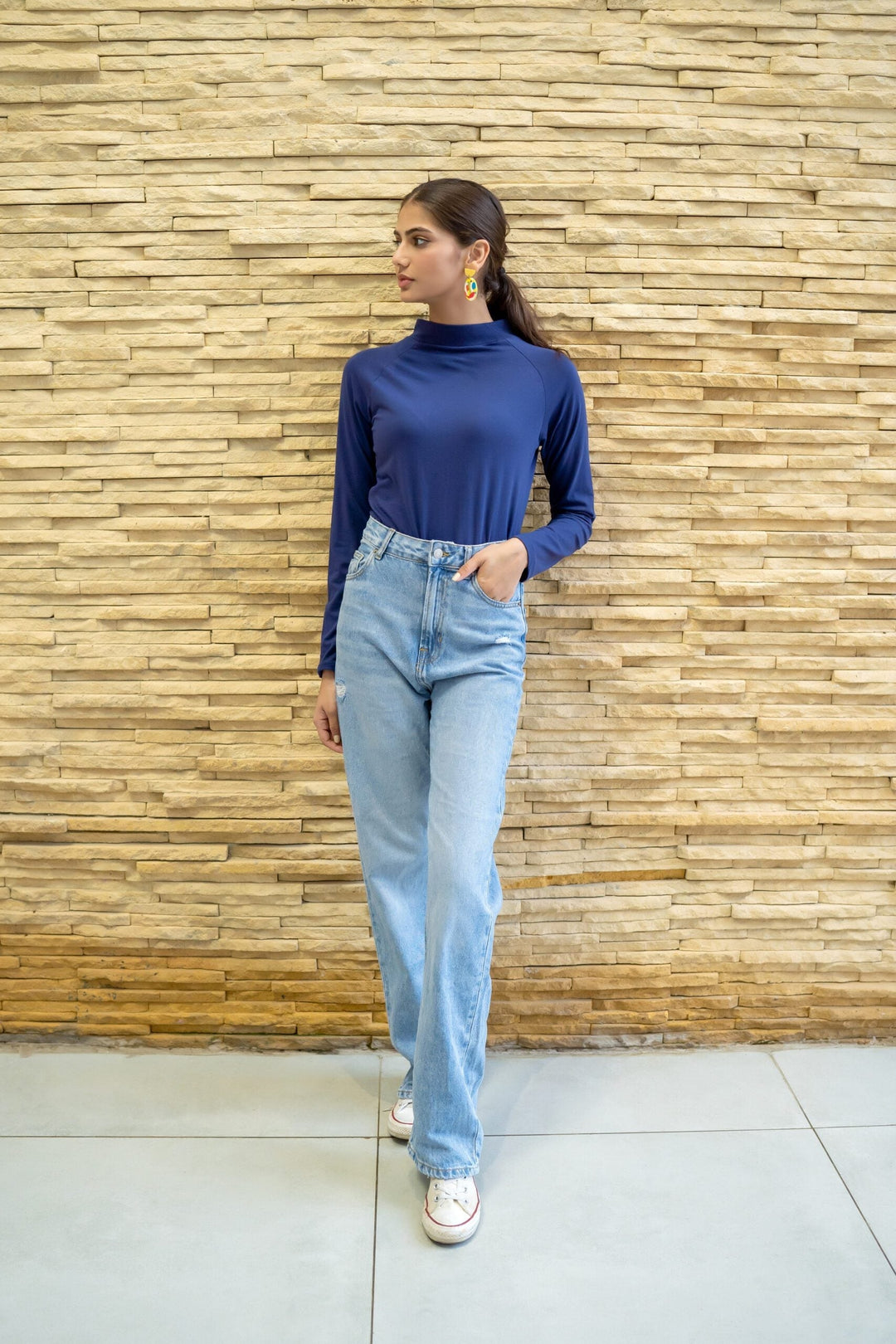 Dhaga Women Western Solids T- Shirt jersy Royal Blue High Neck DT10002 - Summer Collection