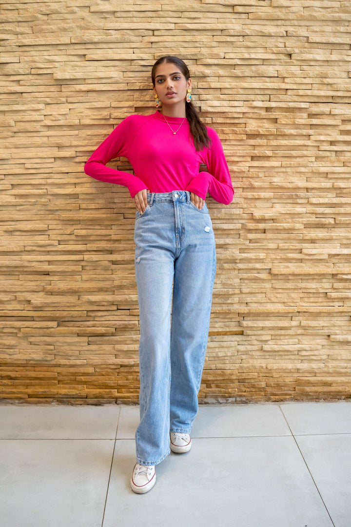 Dhaga Women Western Solids T- Shirt jersy Fushia High Neck Bodysuit DT10002 - Summer Collection