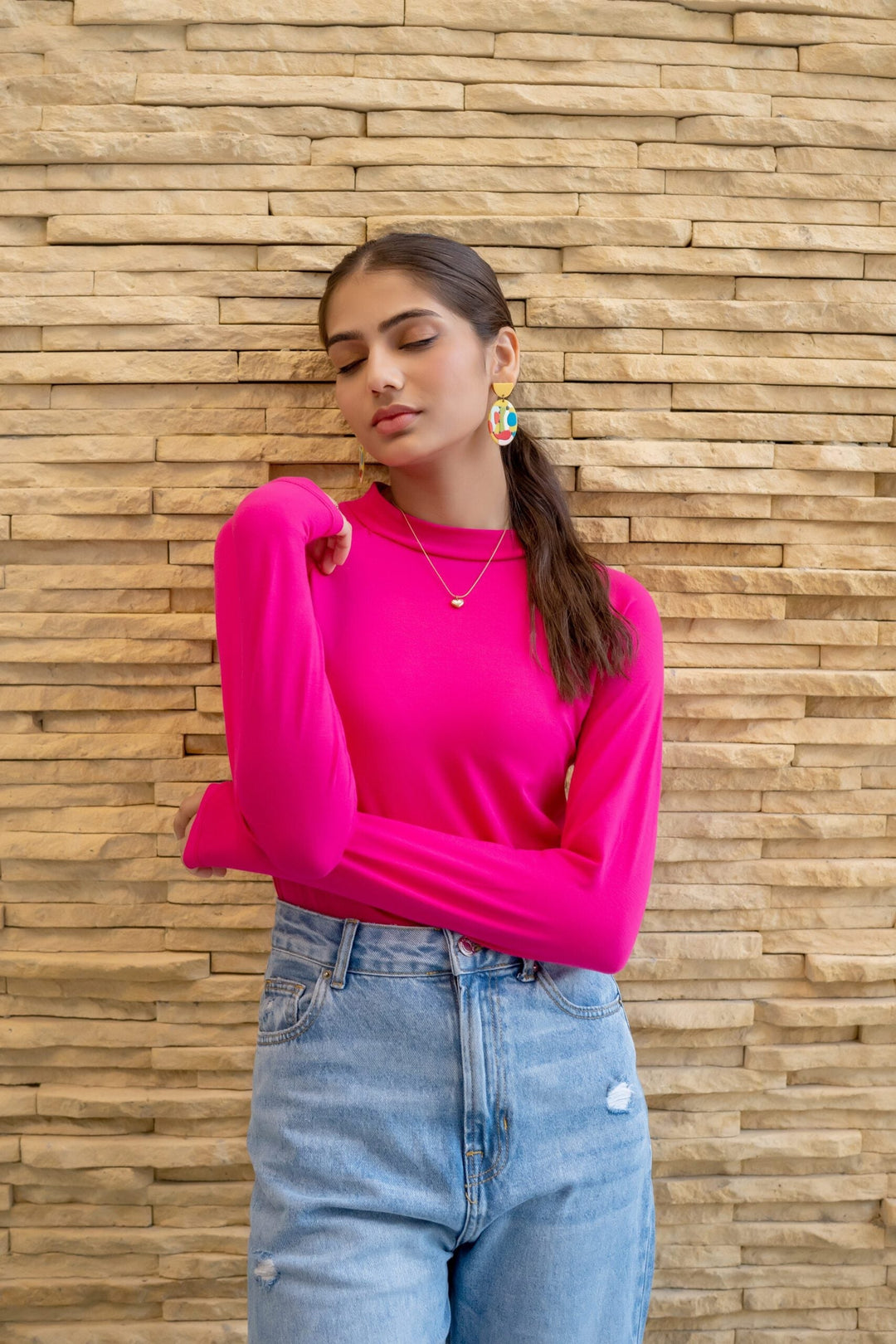 Dhaga Women Western Solids T- Shirt jersy Fushia High Neck Bodysuit DT10002 - Summer Collection