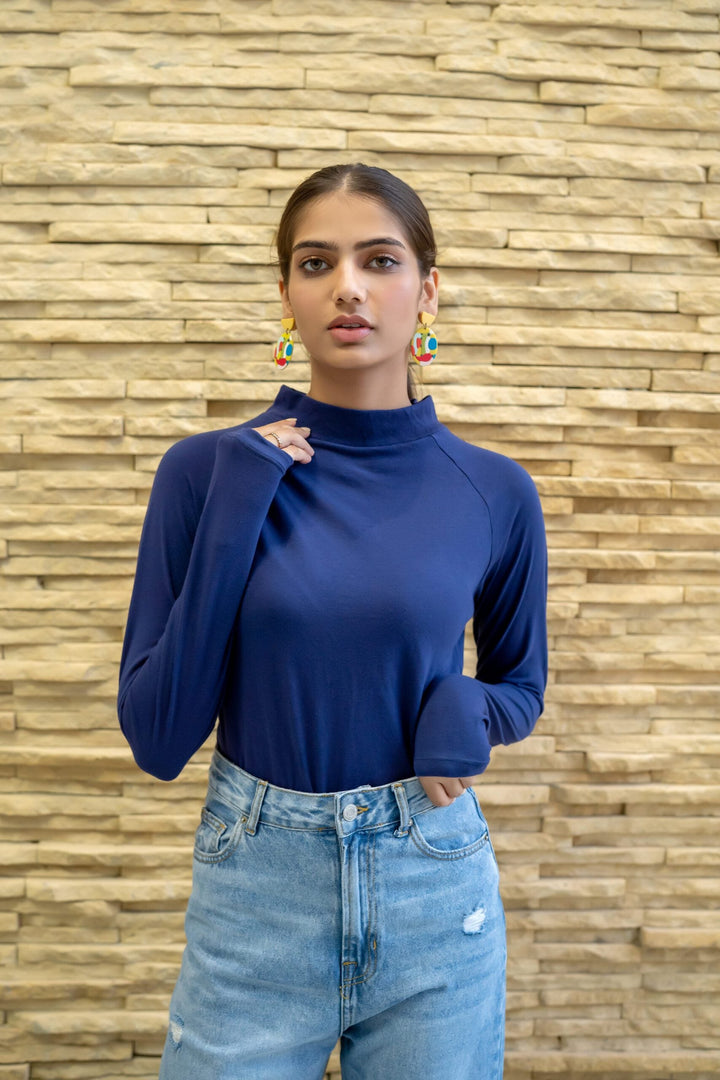 Dhaga Women Western Solids T- Shirt jersy Royal Blue High Neck DT10002 - Summer Collection