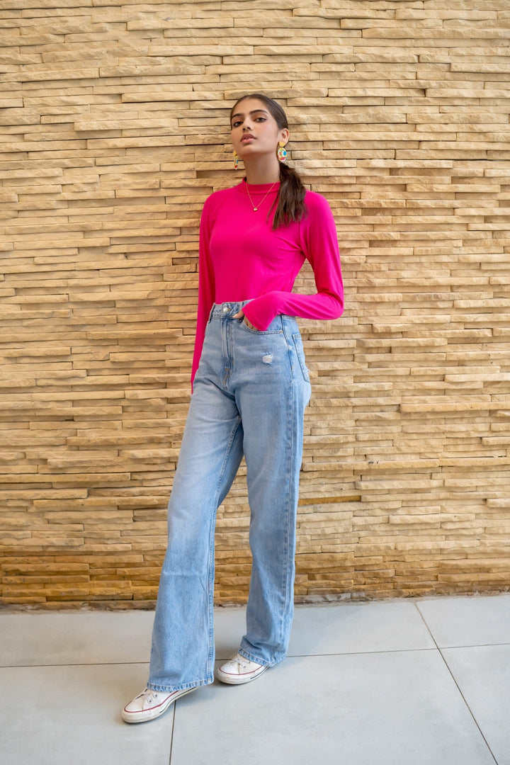 Dhaga Women Western Solids T- Shirt jersy Fushia High Neck Bodysuit DT10002 - Summer Collection