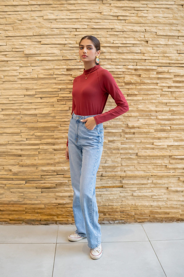 Dhaga Women Western Solids T- Shirt jersy Red Pear High Neck DT10002 - Summer Collection