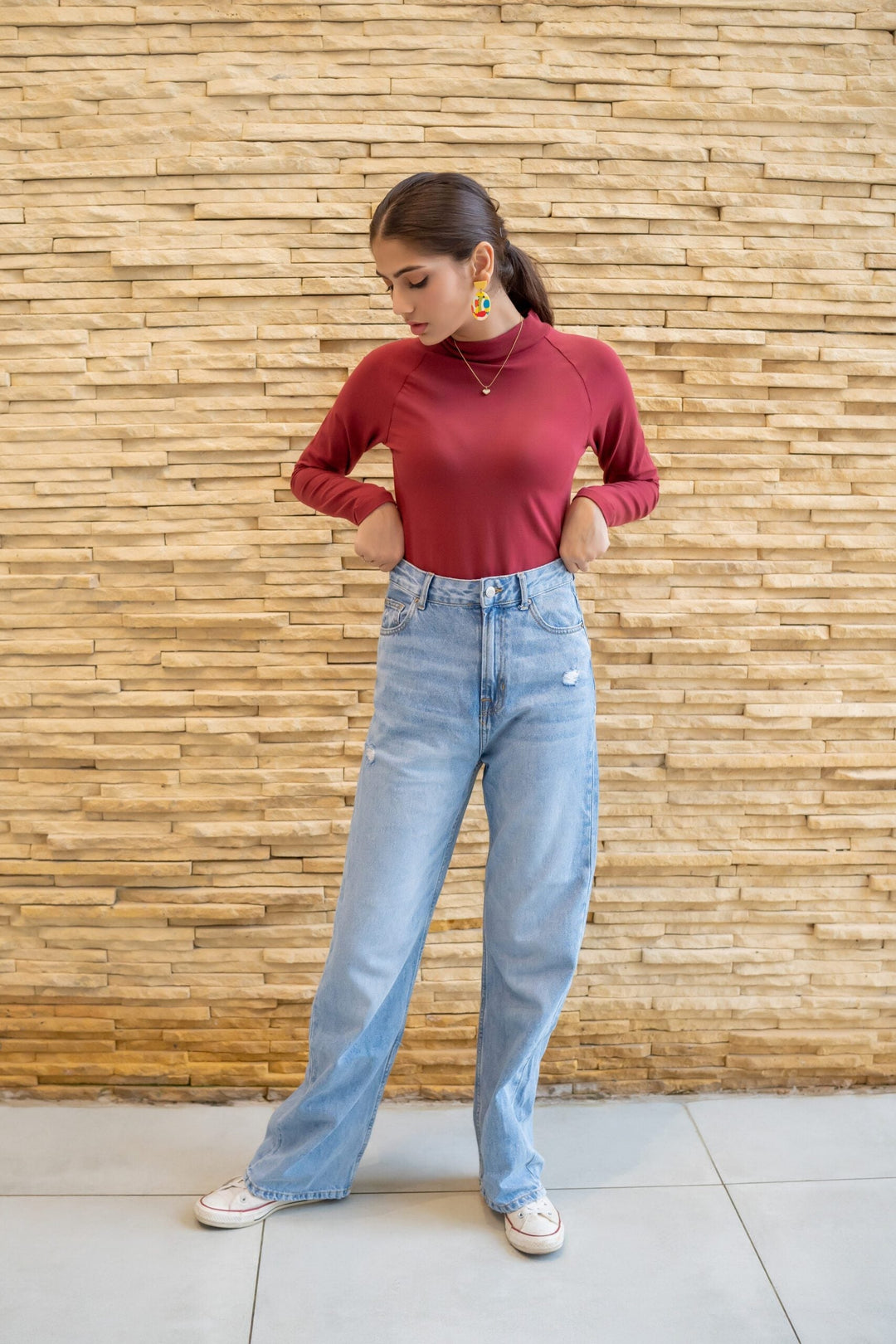 Dhaga Women Western Solids T- Shirt jersy Red Pear High Neck DT10002 - Summer Collection