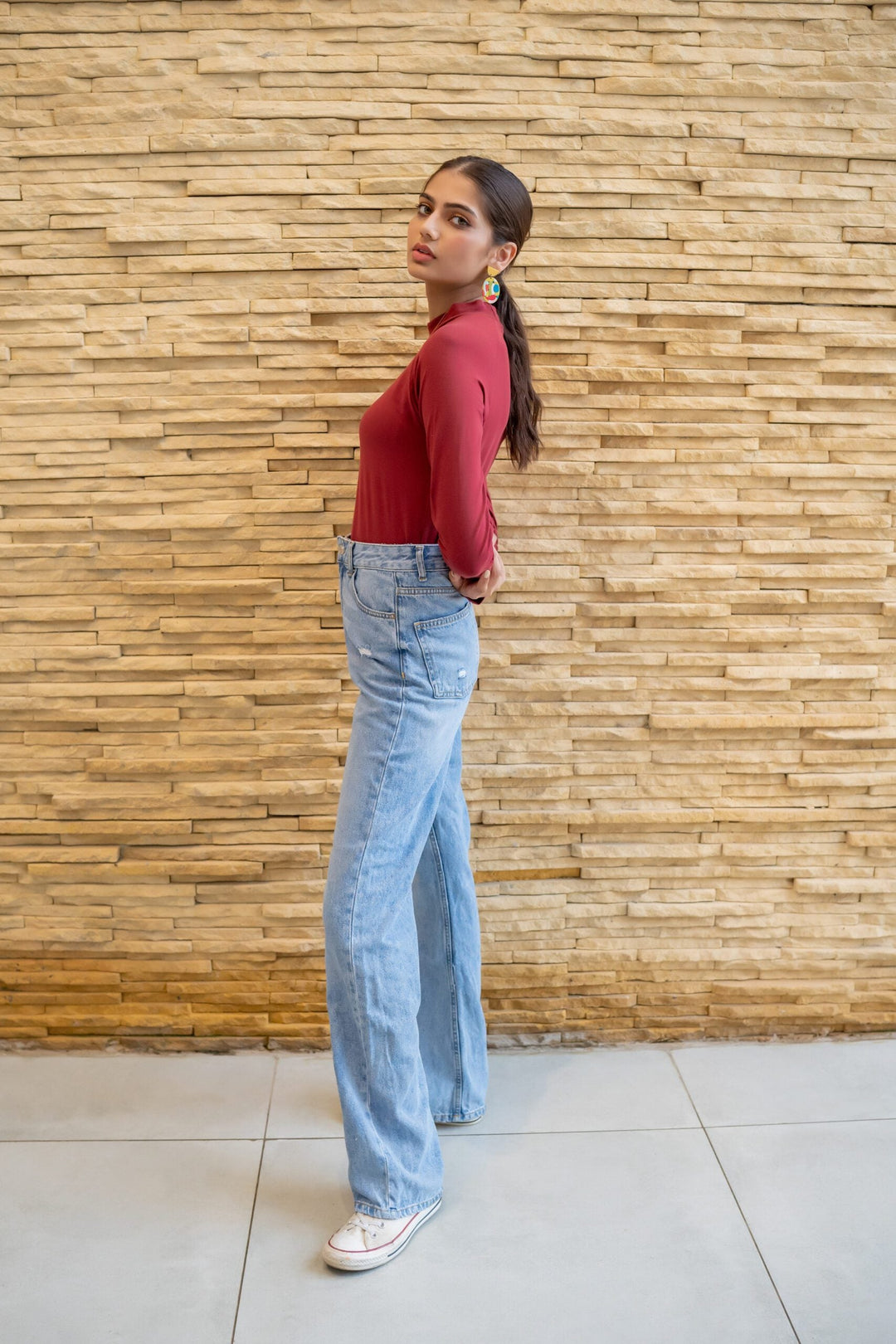 Dhaga Women Western Solids T- Shirt jersy Red Pear High Neck DT10002 - Summer Collection