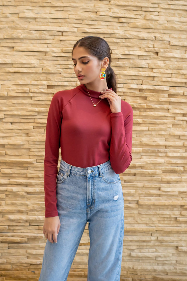 Dhaga Women Western Solids T- Shirt jersy Red Pear High Neck DT10002 - Summer Collection