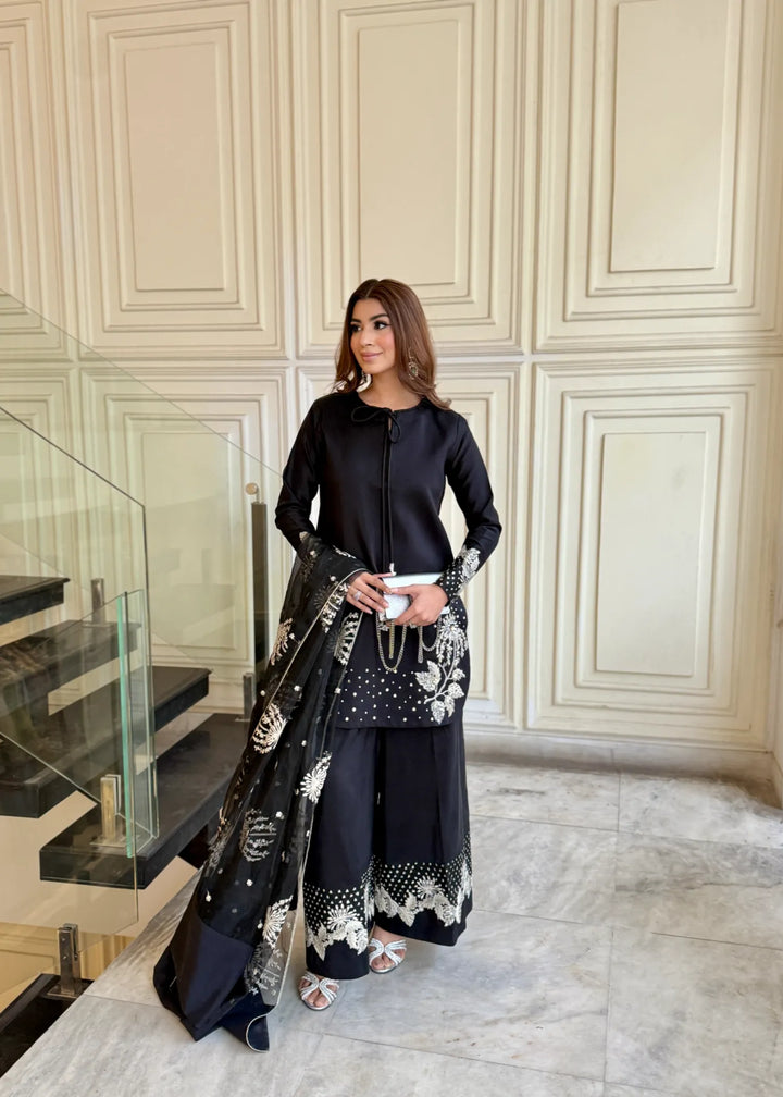 Silk Atelier by Jamni RTW Embroidered Silk 3 Piece Suit Black Orchard Festive Collection