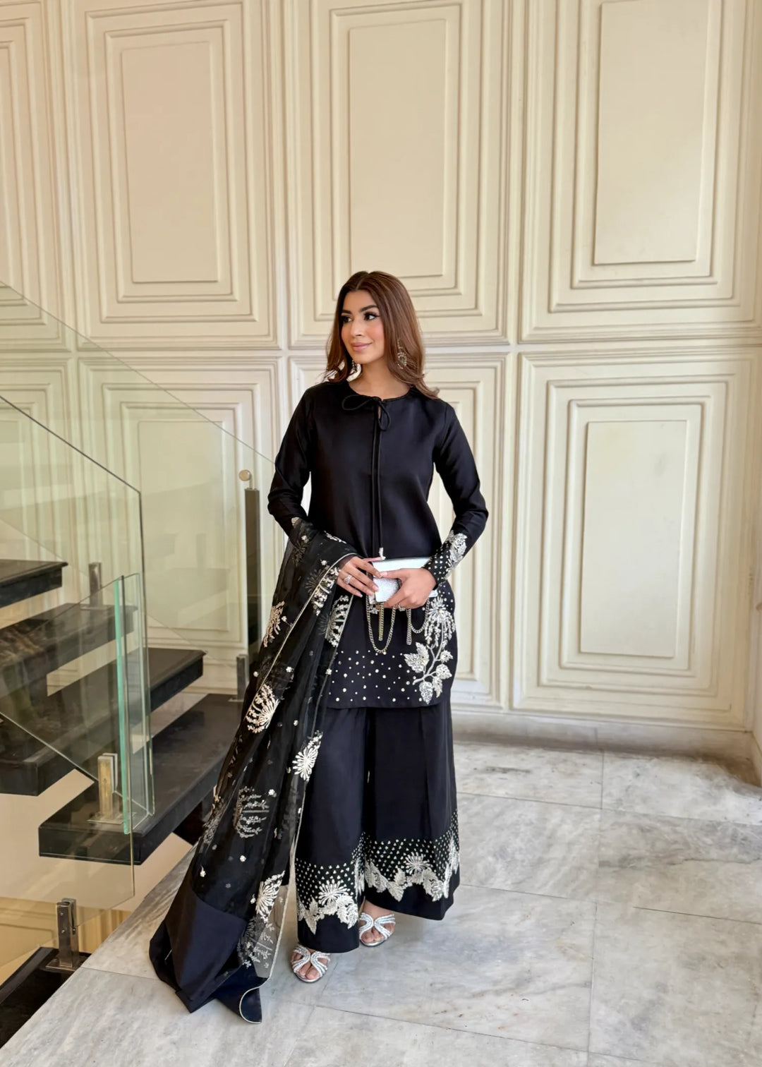 Silk Atelier by Jamni RTW Embroidered Silk 3 Piece Suit Black Orchard Festive Collection