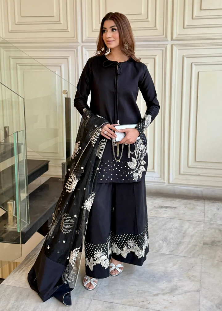 Silk Atelier by Jamni RTW Embroidered Silk 3 Piece Suit Black Orchard Festive Collection