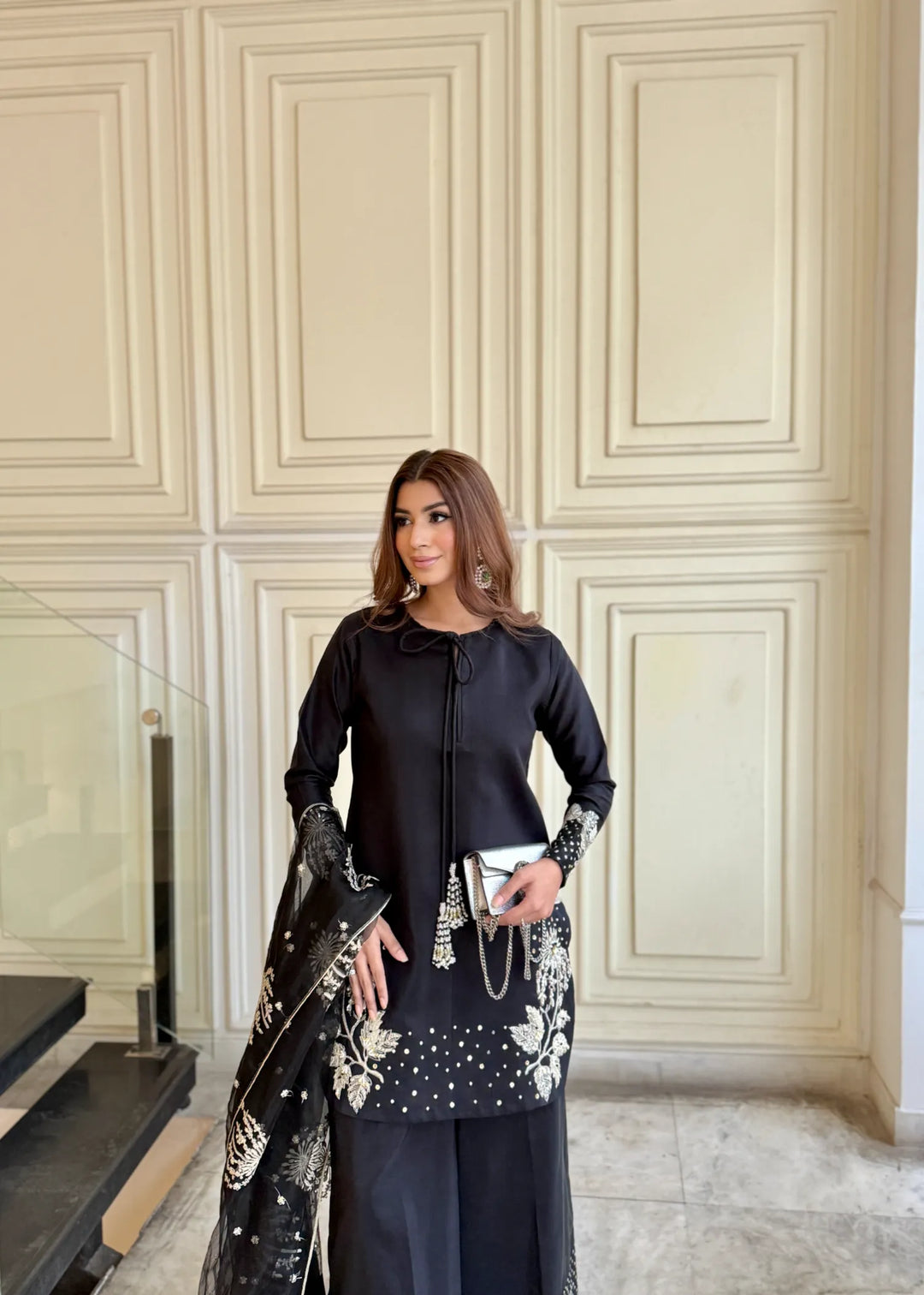 Silk Atelier by Jamni RTW Embroidered Silk 3 Piece Suit Black Orchard Festive Collection