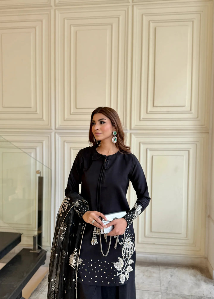 Silk Atelier by Jamni RTW Embroidered Silk 3 Piece Suit Black Orchard Festive Collection