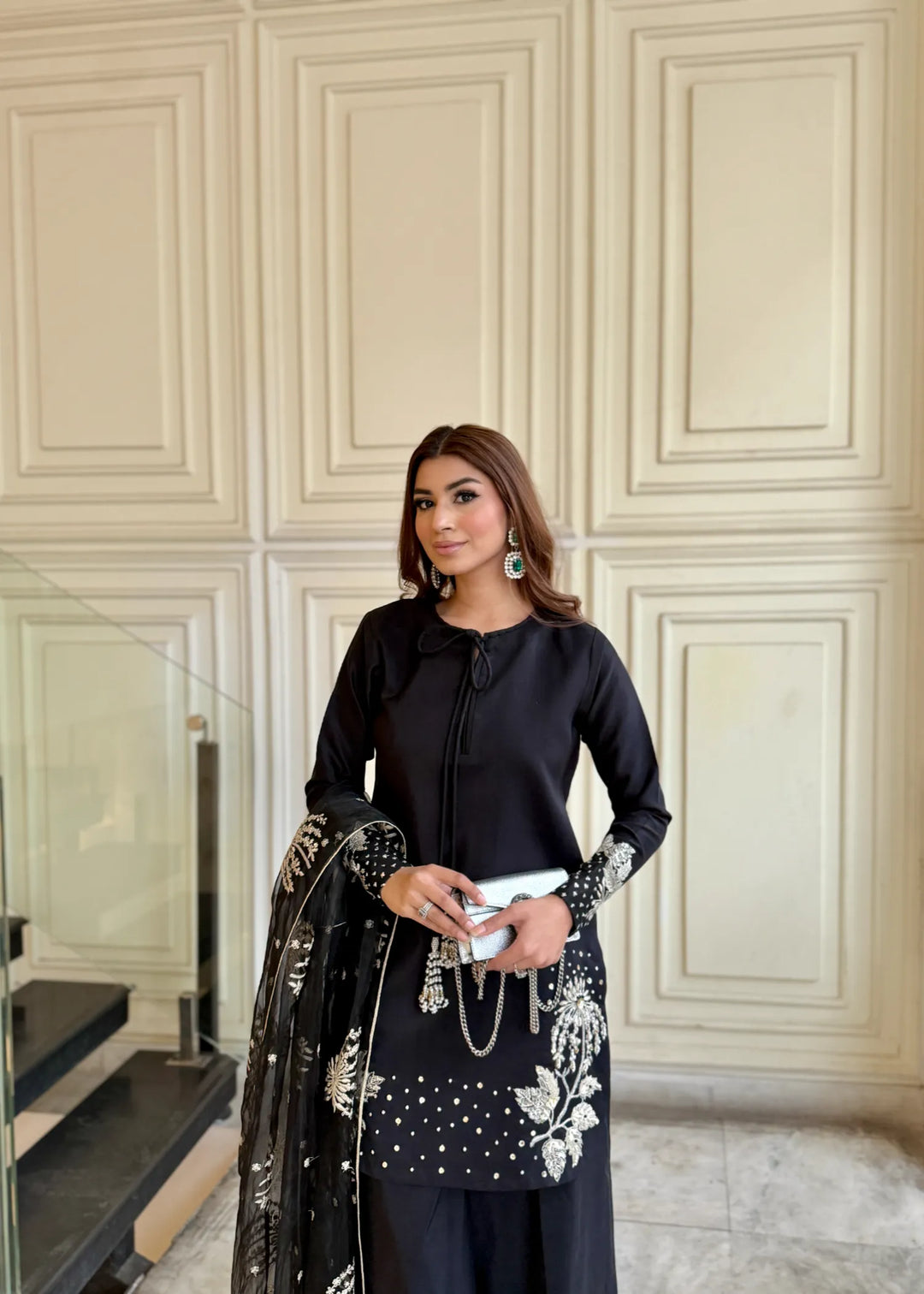 Silk Atelier by Jamni RTW Embroidered Silk 3 Piece Suit Black Orchard Festive Collection