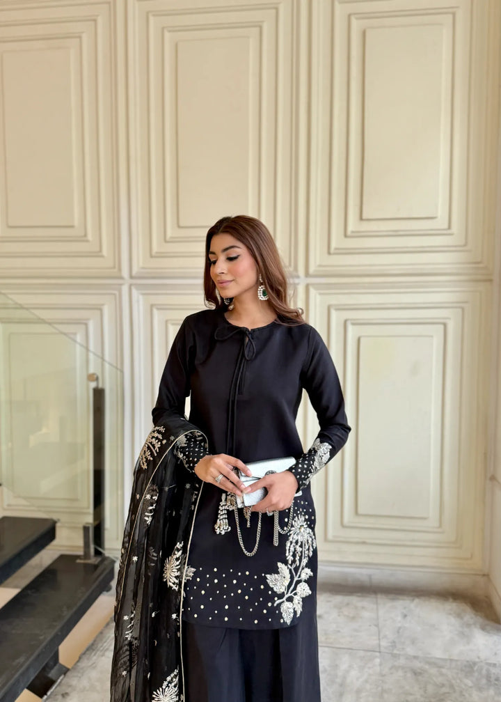 Silk Atelier by Jamni RTW Embroidered Silk 3 Piece Suit Black Orchard Festive Collection