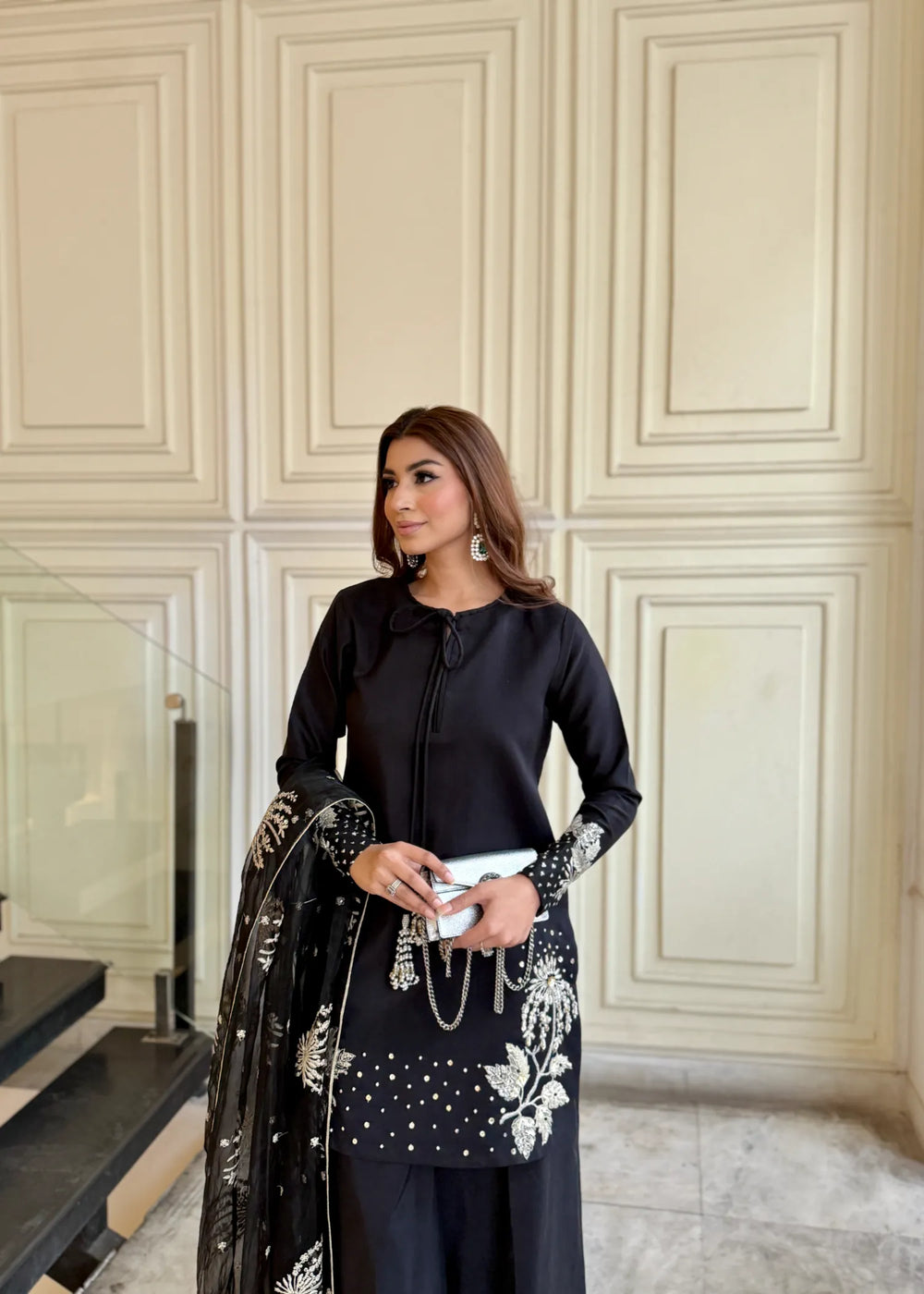 Silk Atelier by Jamni RTW Embroidered Silk 3 Piece Suit Black Orchard Festive Collection