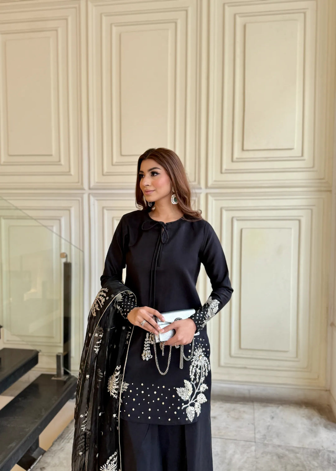 Silk Atelier by Jamni RTW Embroidered Silk 3 Piece Suit Black Orchard Festive Collection