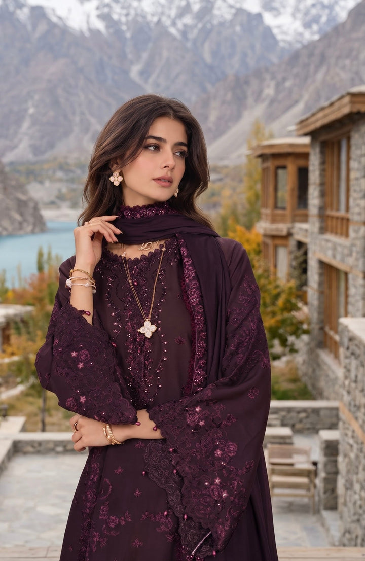 Noor Pashmina Shawl by Saadia Asad Unstitched Embroidered Linen 3 Piece Suit SA26UNW D6 - Winter Collection