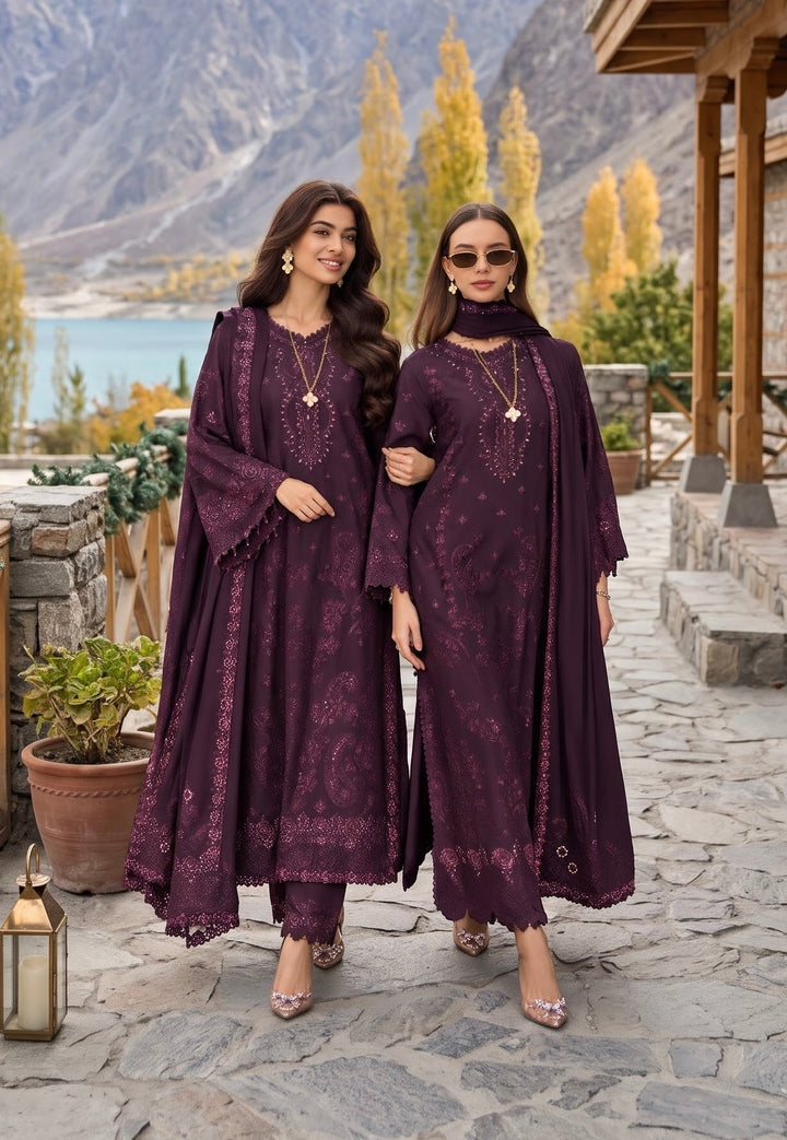 Noor Pashmina Shawl by Saadia Asad Unstitched Embroidered Linen 3 Piece Suit SA26UNW D6 - Winter Collection