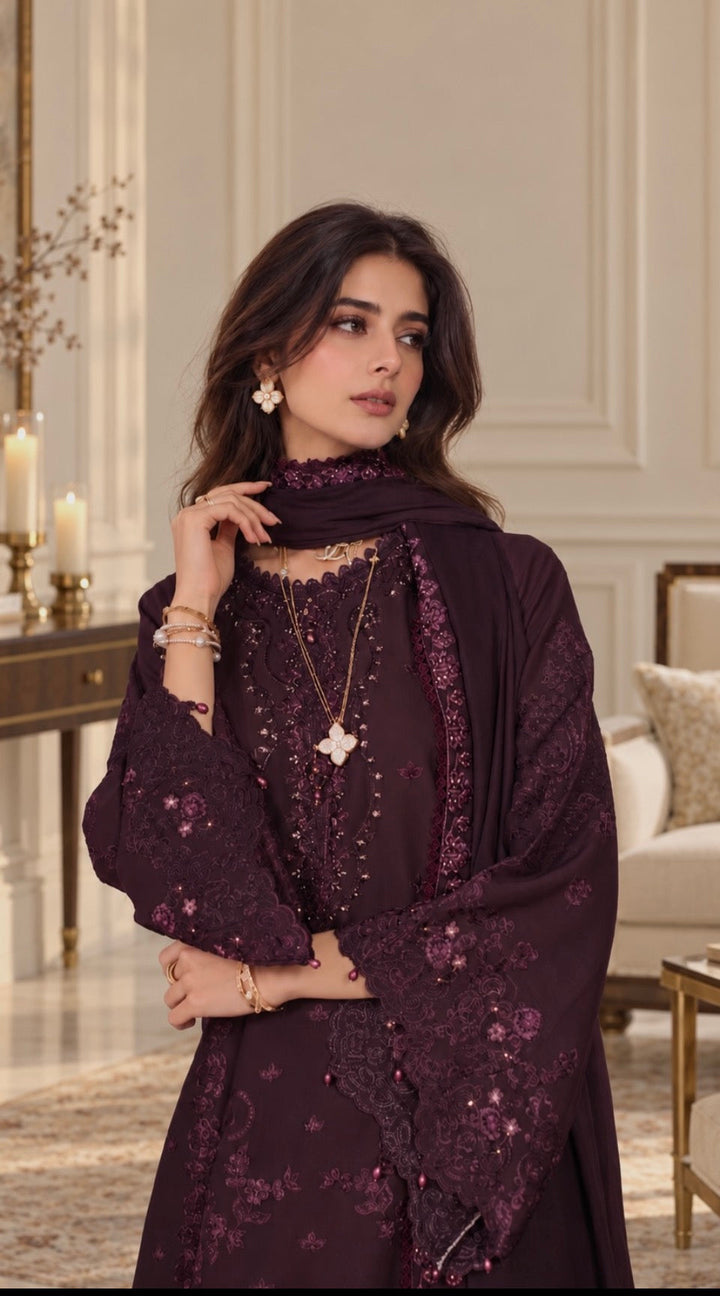 Noor Pashmina Shawl by Saadia Asad Unstitched Embroidered Linen 3 Piece Suit SA26UNW D6 - Winter Collection