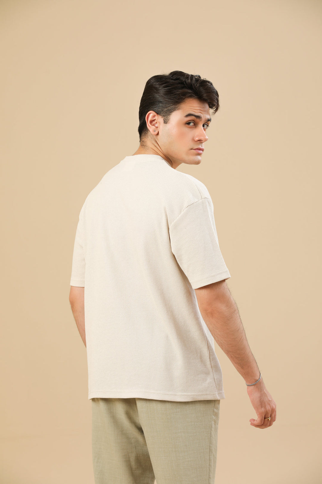 Muraqsh Ready To Wear Solids Cotton Men Off White Knit Textured Oversized T-Shirt ABD-OWKTOT - Summer Collection