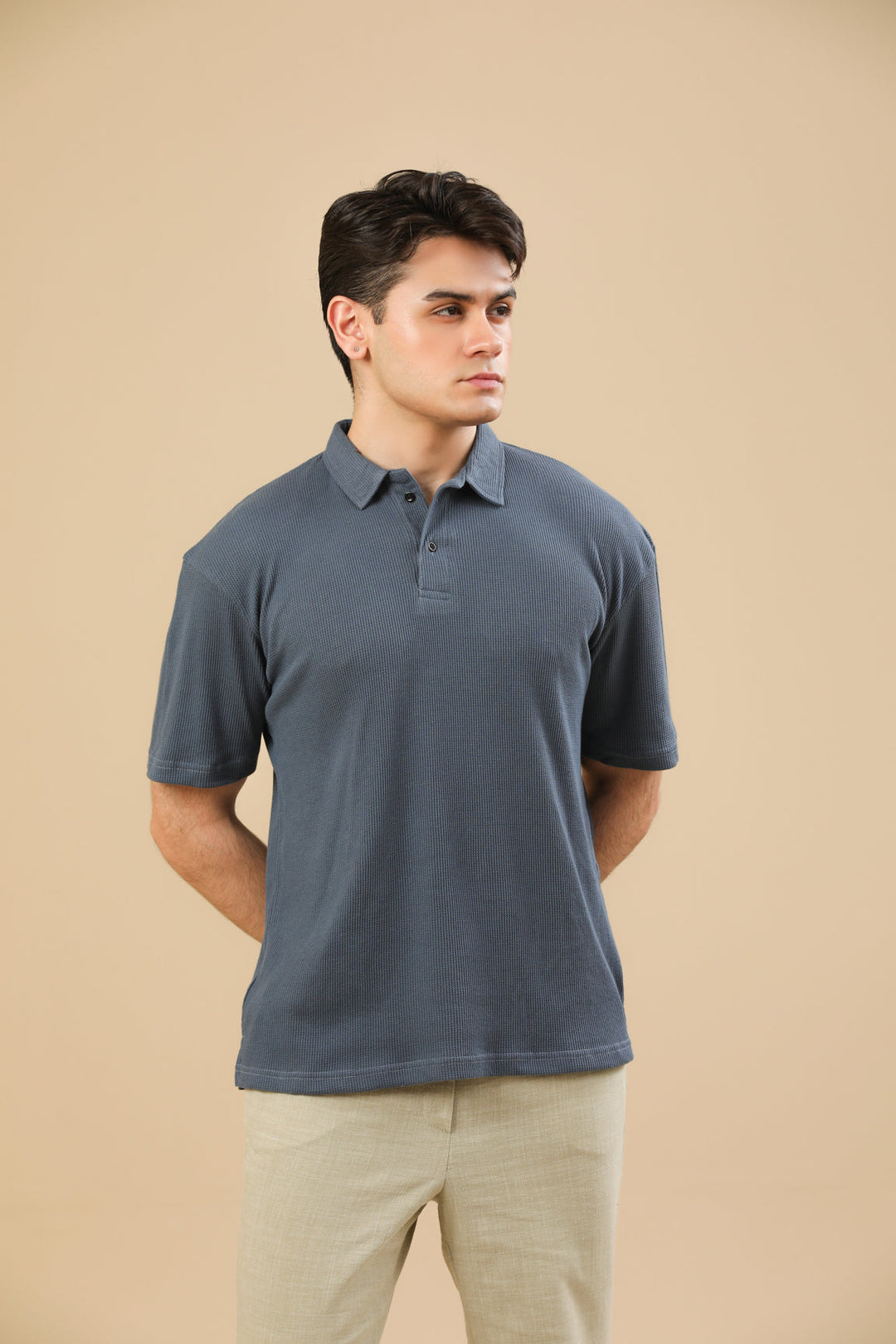 Muraqsh Ready To Wear Solids Cotton Men Midnight Blue Oversized Waffle Polo ABDDBOWP - Summer Collection