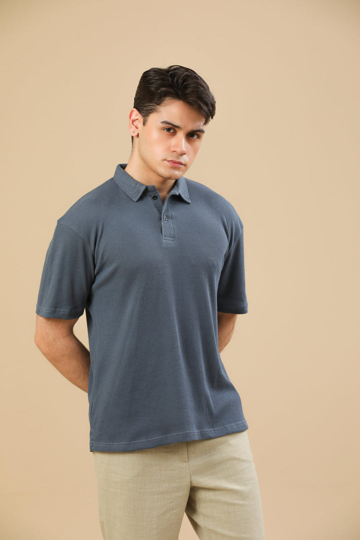 Muraqsh Ready To Wear Solids Cotton Men Midnight Blue Oversized Waffle Polo ABDDBOWP - Summer Collection