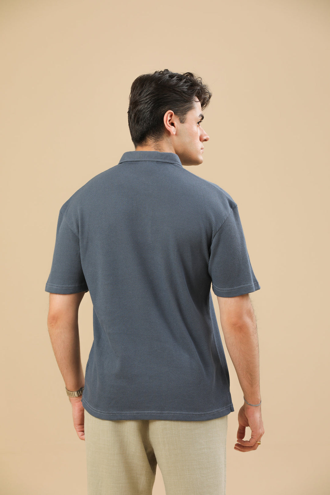 Muraqsh Ready To Wear Solids Cotton Men Midnight Blue Oversized Waffle Polo ABDDBOWP - Summer Collection