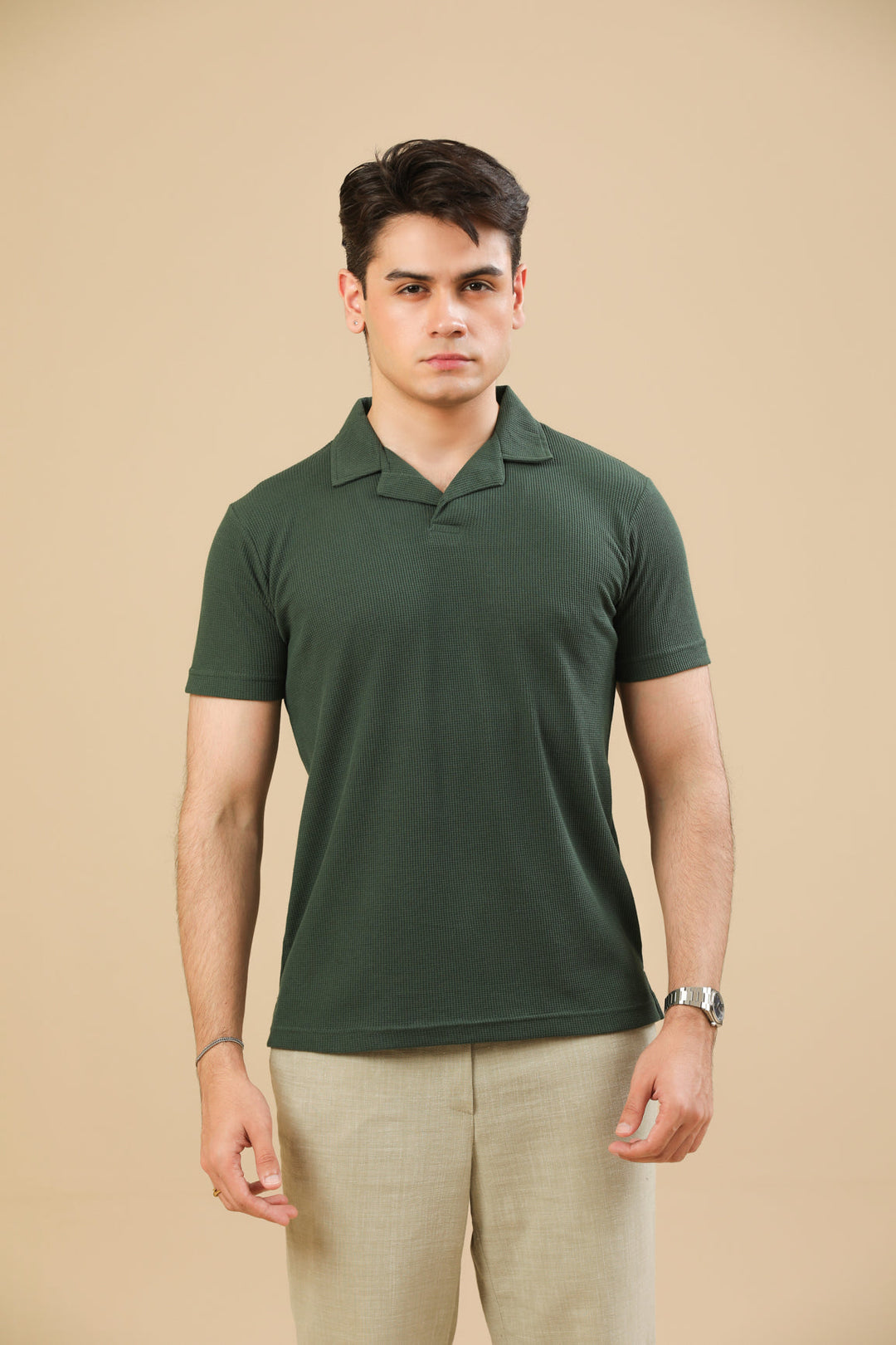 Muraqsh Ready To Wear Solids Waffle Men Waffle Bottle Green Revere Polo ABD-WBGRP - Summer Collection