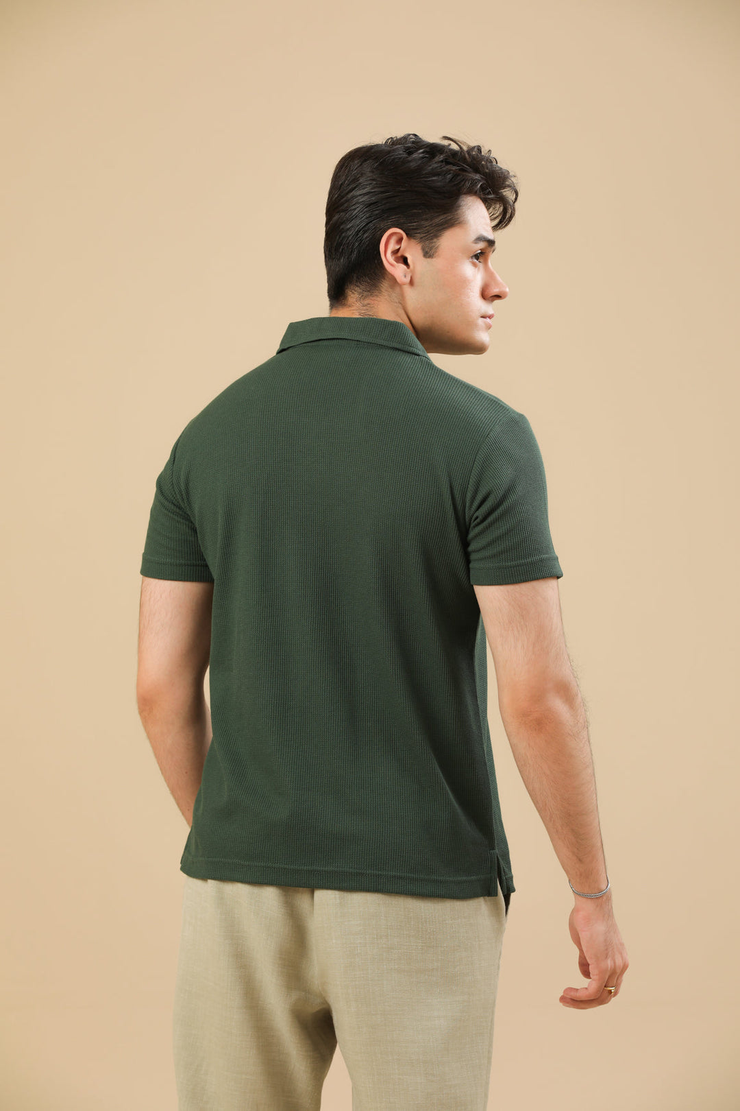 Muraqsh Ready To Wear Solids Waffle Men Waffle Bottle Green Revere Polo ABD-WBGRP - Summer Collection