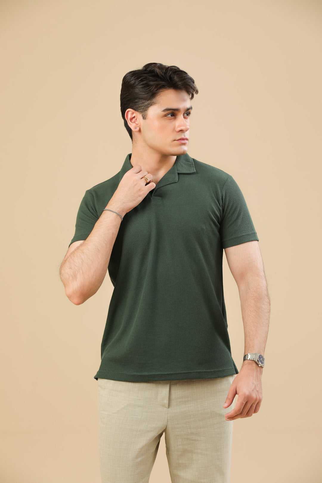 Muraqsh Ready To Wear Solids Waffle Men Waffle Bottle Green Revere Polo ABD-WBGRP - Summer Collection