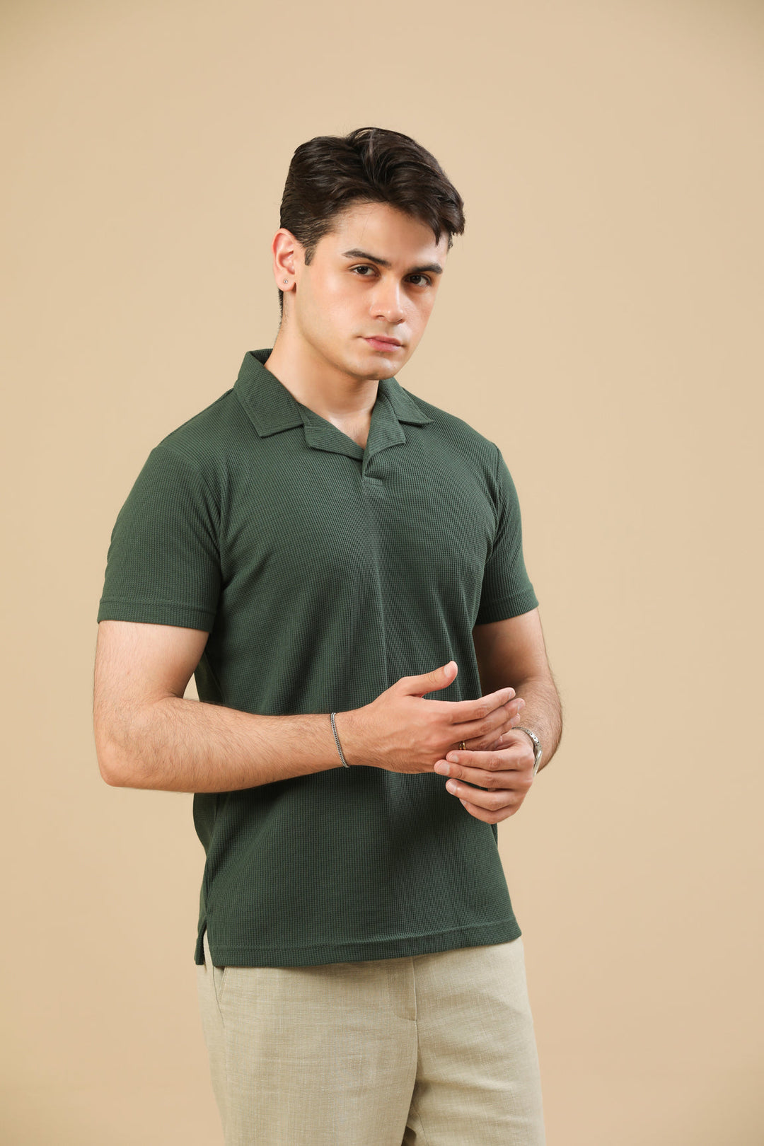 Muraqsh Ready To Wear Solids Waffle Men Waffle Bottle Green Revere Polo ABD-WBGRP - Summer Collection