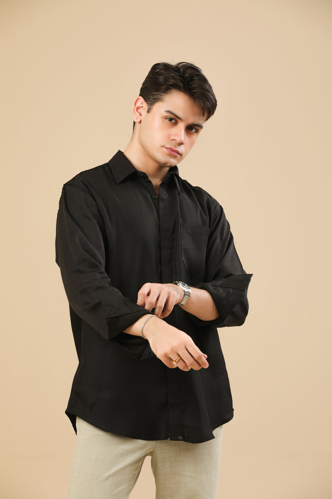 Muraqsh Ready To Wear Solids Poplin Men Black Poplin Shirt ABD-BPS - Summer Collection