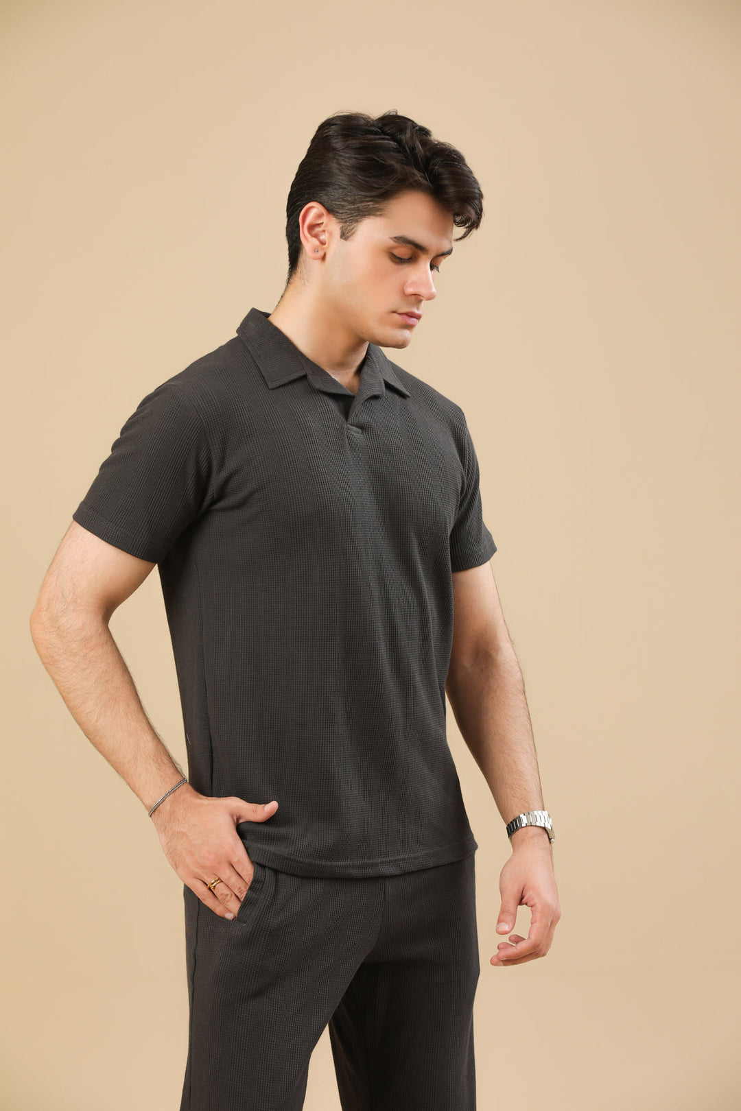 Muraqsh Ready To Wear Solids Cotton Men Charcoal Grey Drop Needle Coord Set ABD-CGDNCS - Summer Collection